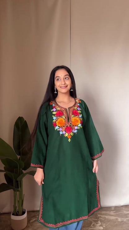 Handcrafted Kashmiri Embroidered Green Cotton Kurti – Ethnic & Casual Wear