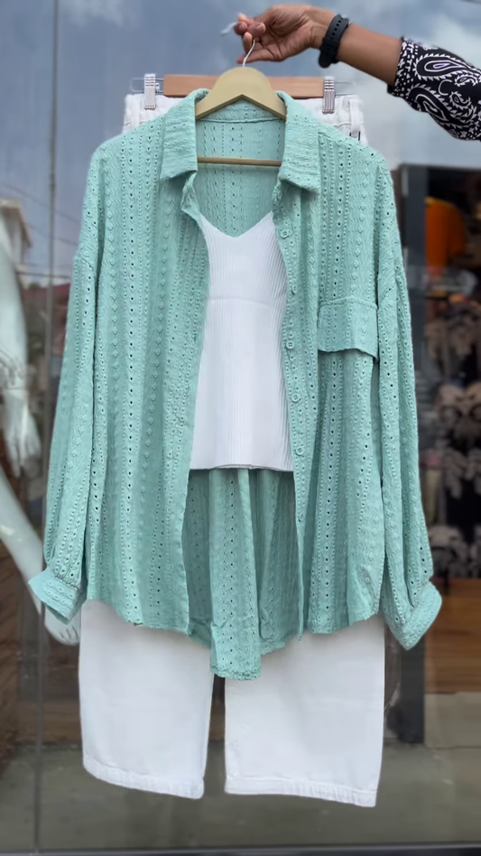 Mint Green Eyelet Shirt with White Tank Top & Shorts Co-ord