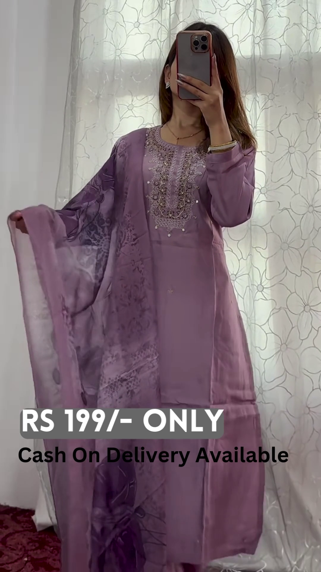 Elegant Lavender Embroidered Kurti Set with Printed Dupatta