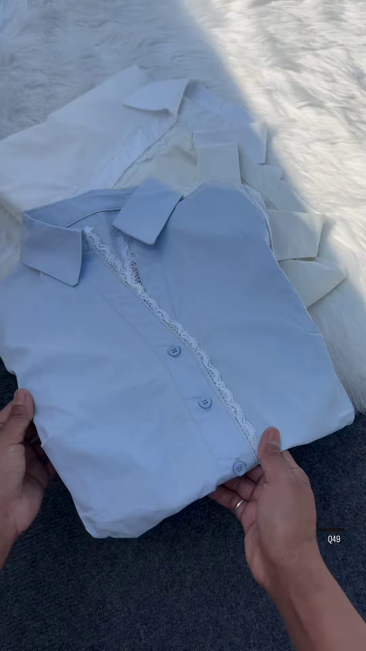 Dual-Tone Cotton Collar Shirts with Lace Detail – Elegant Formal & Semi-Casual Wear