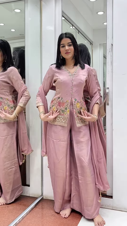 Dusty Rose Embroidered Kurta Set – Elegant Floral Threadwork with Palazzo & Dupatta