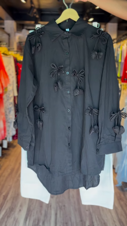 🖤 Bowtique Charm – Black Bow-Embellished Shirt 🎀