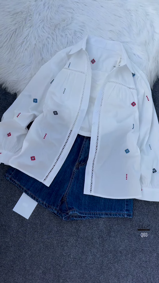 Boho Chic Embroidered Shirt with Denim Shorts – Summer Street Style