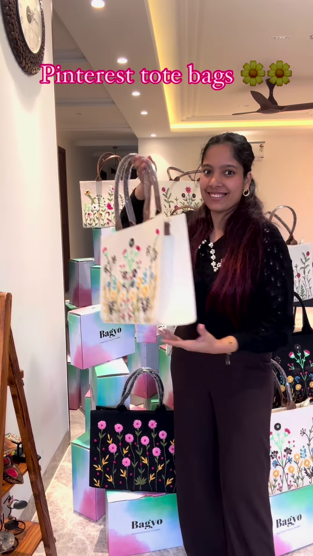Elegant Black Tote Bag with Pink Floral Embroidery
