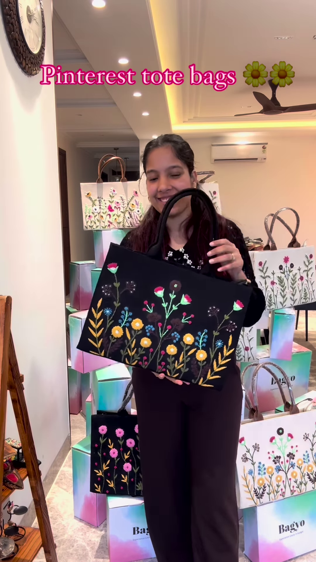 Elegant Black Tote Bag with Pink Floral Embroidery