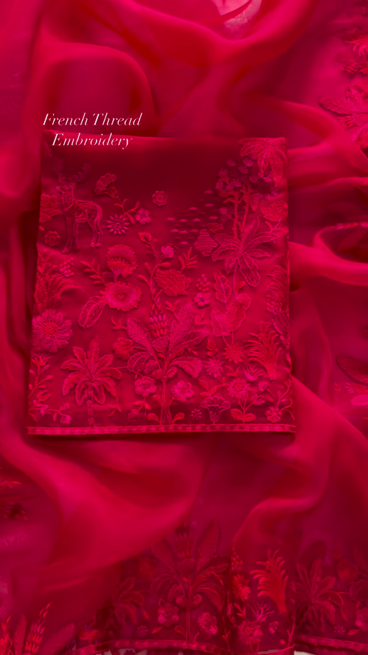 Luxurious Red Fabric with Intricate French Thread Embroidery