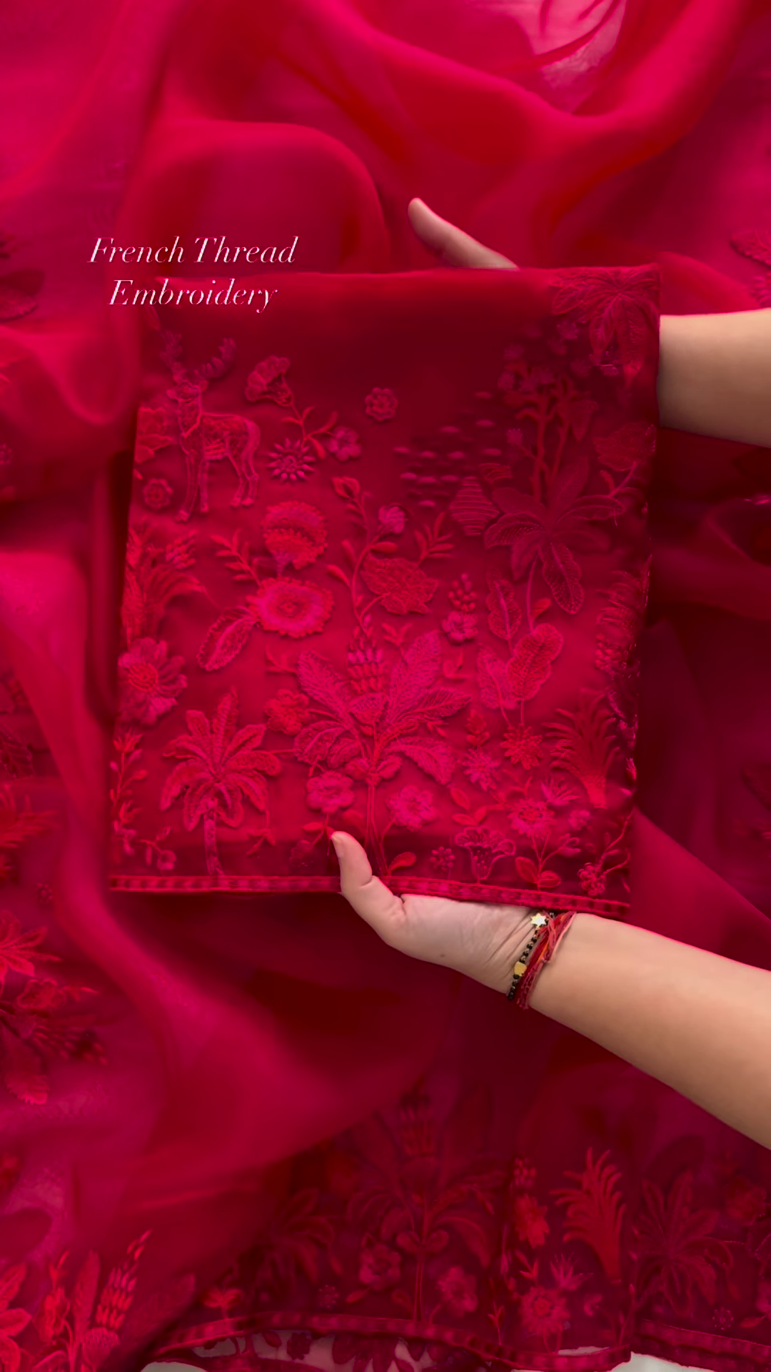 Luxurious Red Fabric with Intricate French Thread Embroidery
