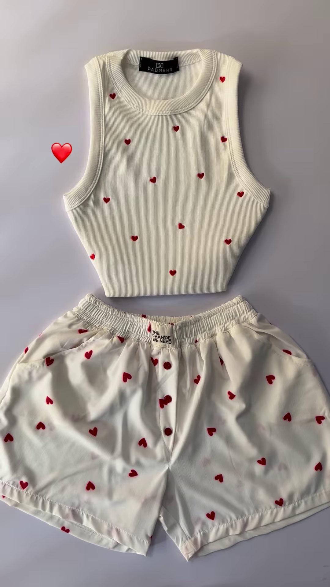 Adorable White Ribbed Tank Top and Shorts Set with Red Hearts – 6 Colors Available
