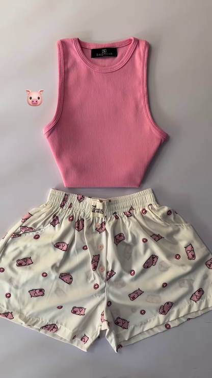 Adorable White Ribbed Tank Top and Shorts Set with Red Hearts – 6 Colors Available