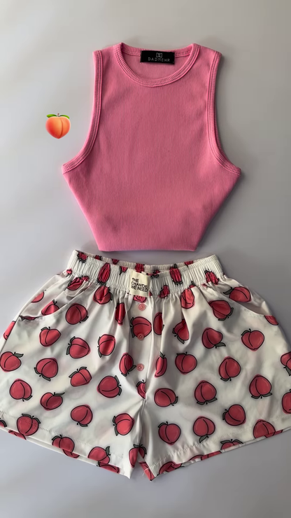 Adorable White Ribbed Tank Top and Shorts Set with Red Hearts – 6 Colors Available