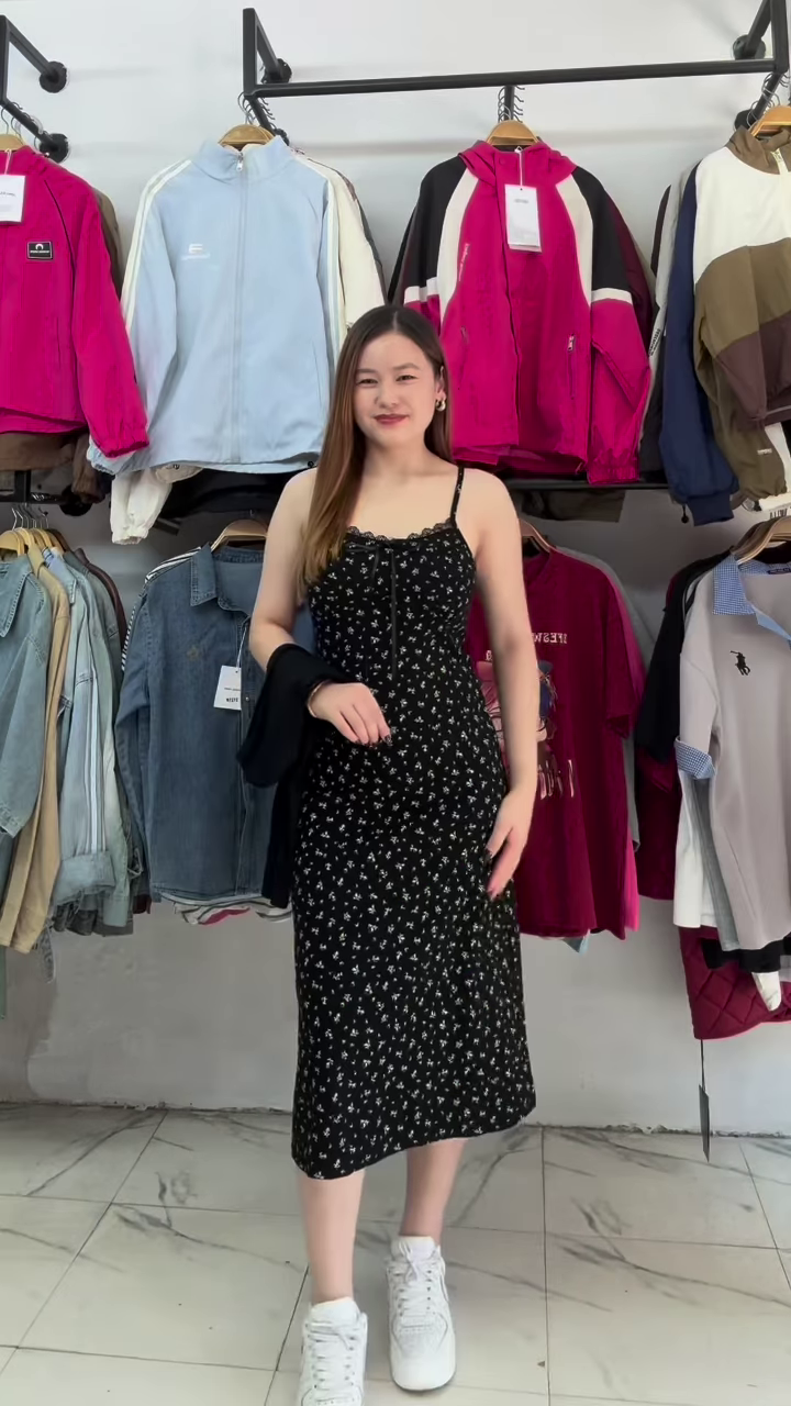 🌸 Charming Navy Blue Floral Midi Dress with Grey Cardigan Ensemble 🌼