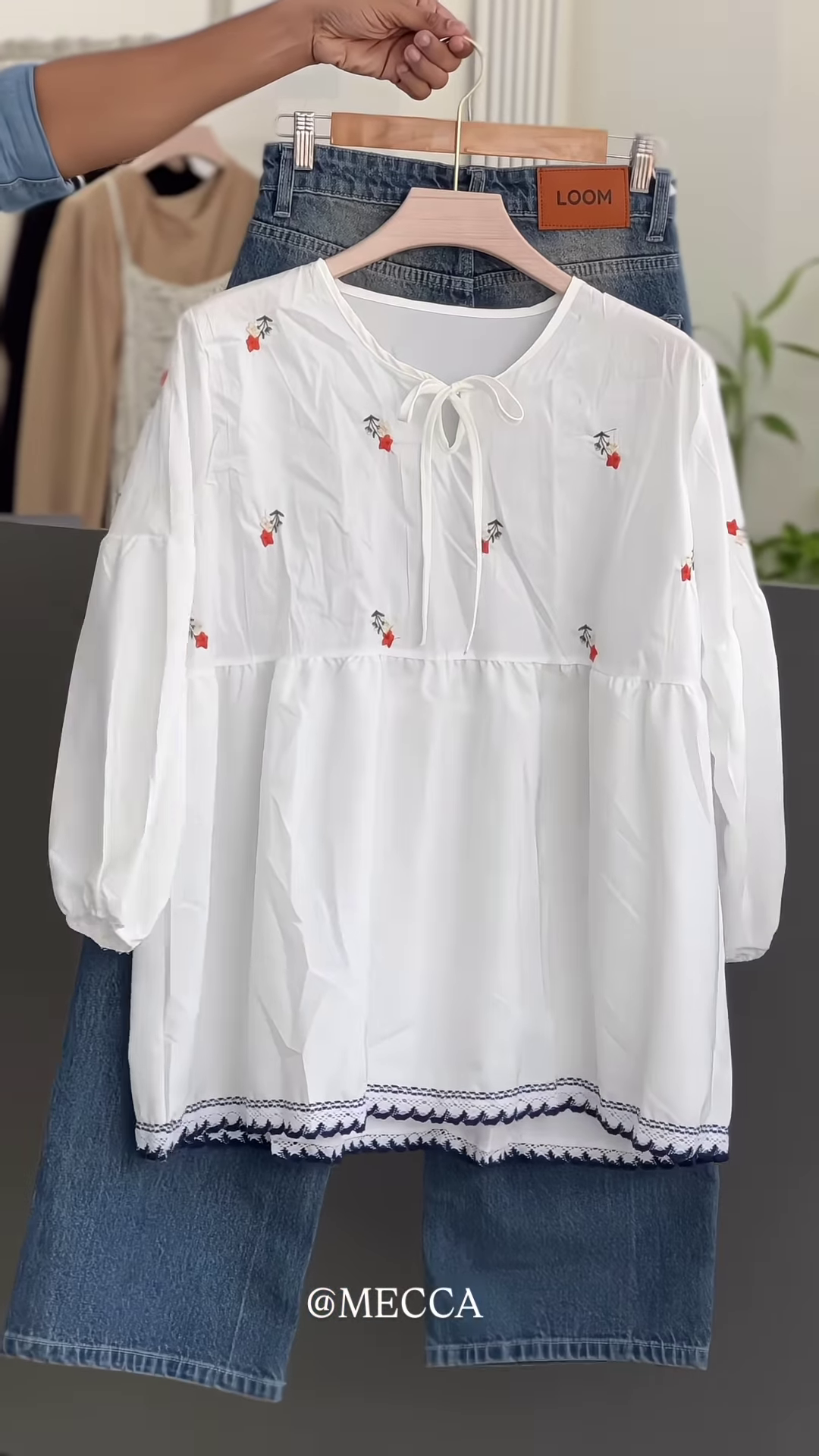 🌼 Bohemian White Embroidered Peasant Blouse & Relaxed Fit Jeans Ensemble 👖