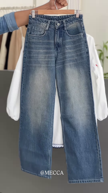 🌼 Bohemian White Embroidered Peasant Blouse & Relaxed Fit Jeans Ensemble 👖