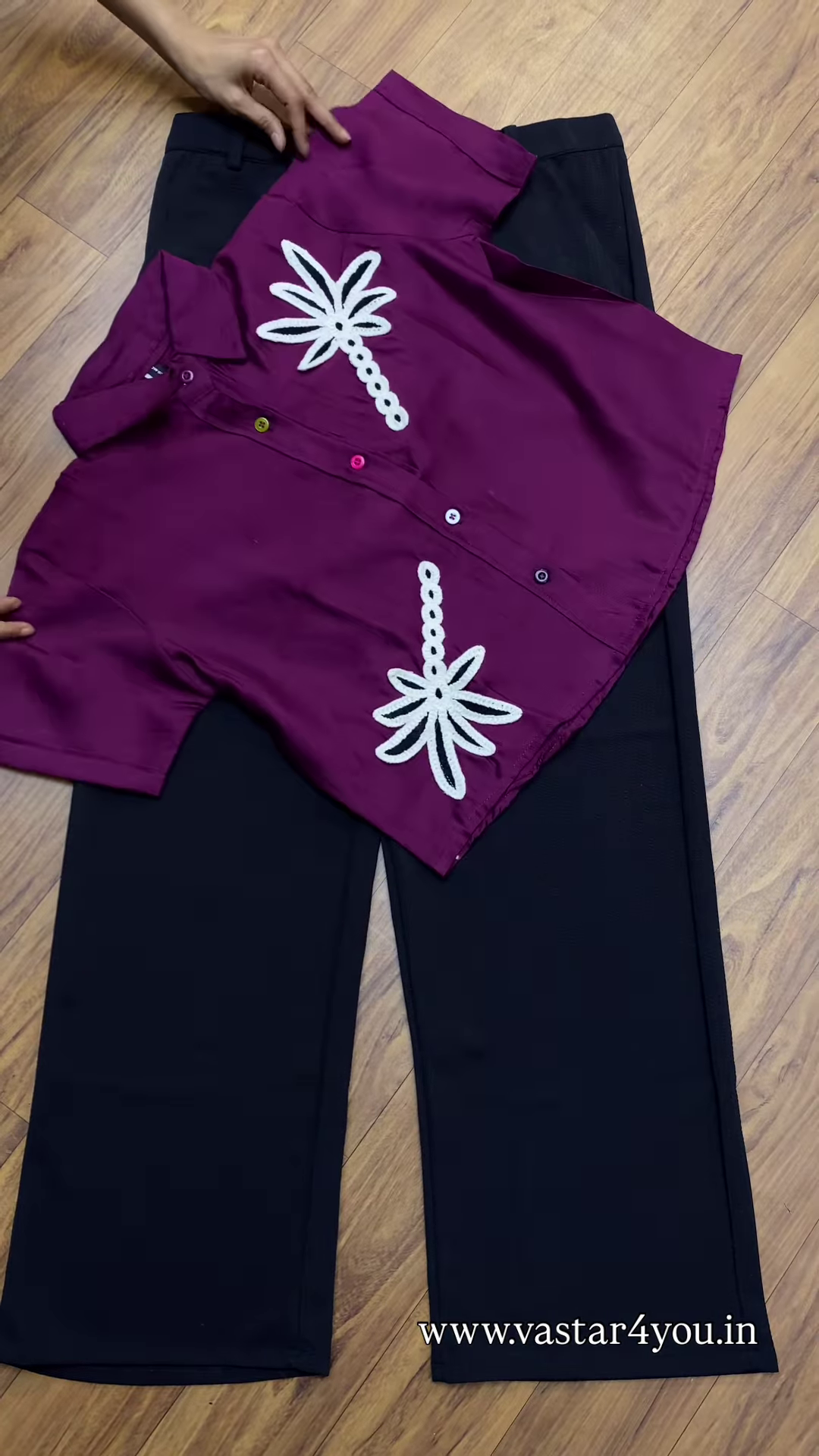 💜 Stylish Purple Embroidered Shirt & Black Wide-Leg Pants Set 🖤