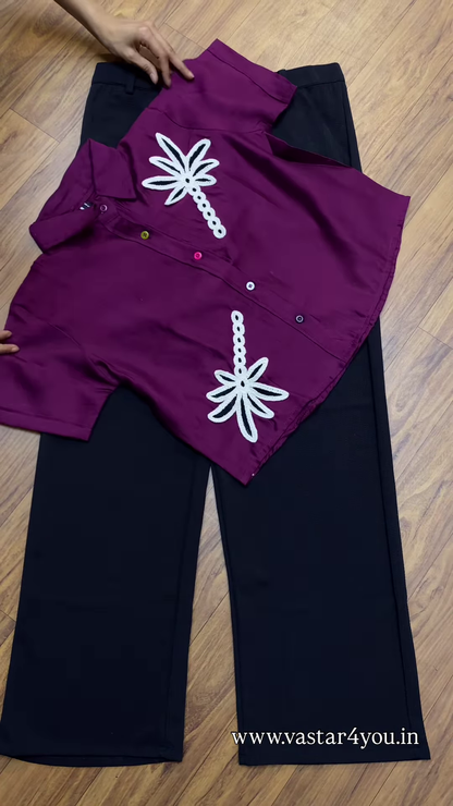 💜 Stylish Purple Embroidered Shirt & Black Wide-Leg Pants Set 🖤