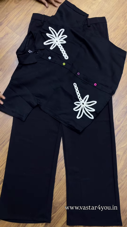 💜 Stylish Purple Embroidered Shirt & Black Wide-Leg Pants Set 🖤