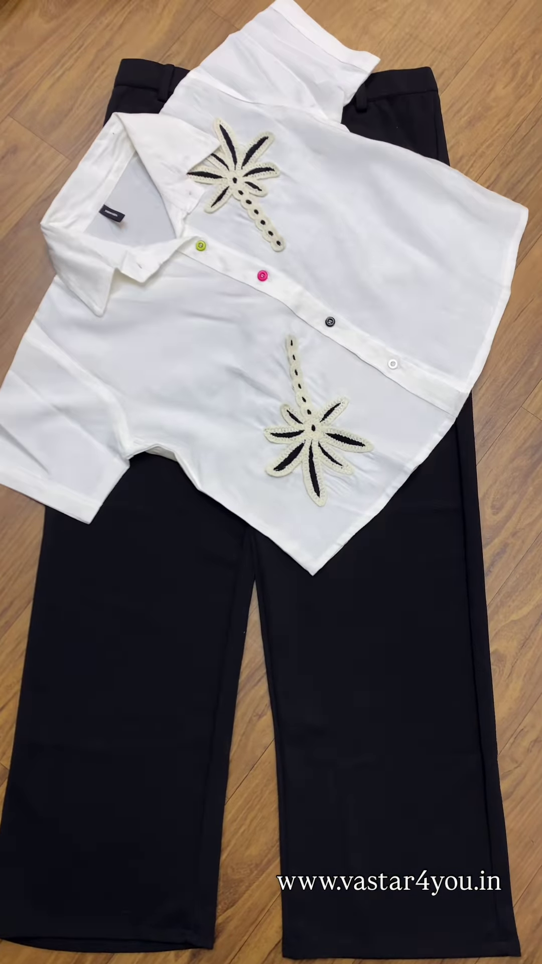 💜 Stylish Purple Embroidered Shirt & Black Wide-Leg Pants Set 🖤