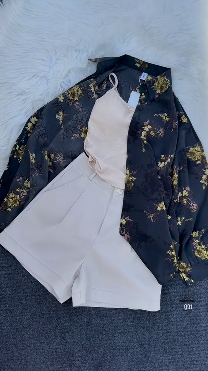 🌼 Effortlessly Chic Grey Floral Print Oversized Shirt & White Shorts Set 🤍