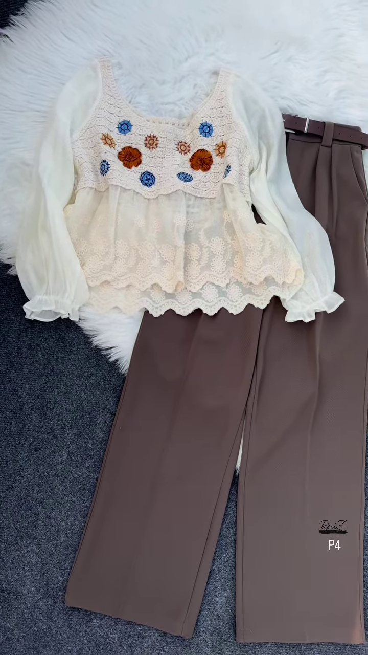 🍂 Bohemian Cream Layered Top with Crochet & Brown Wide-Leg Pants Set 🌼