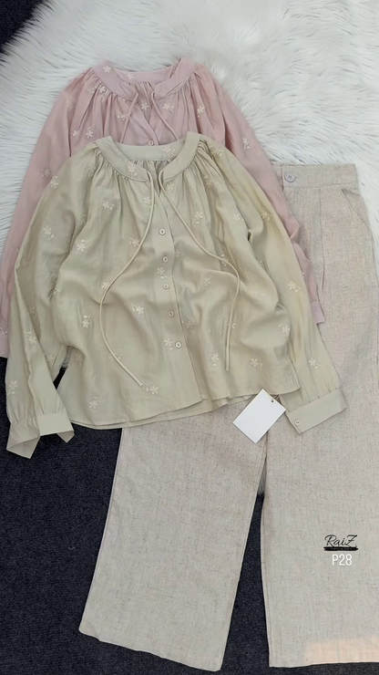 🕊 Elegant Beige Embroidered Drawstring Blouse & Wide-Leg Pants Set 🌿