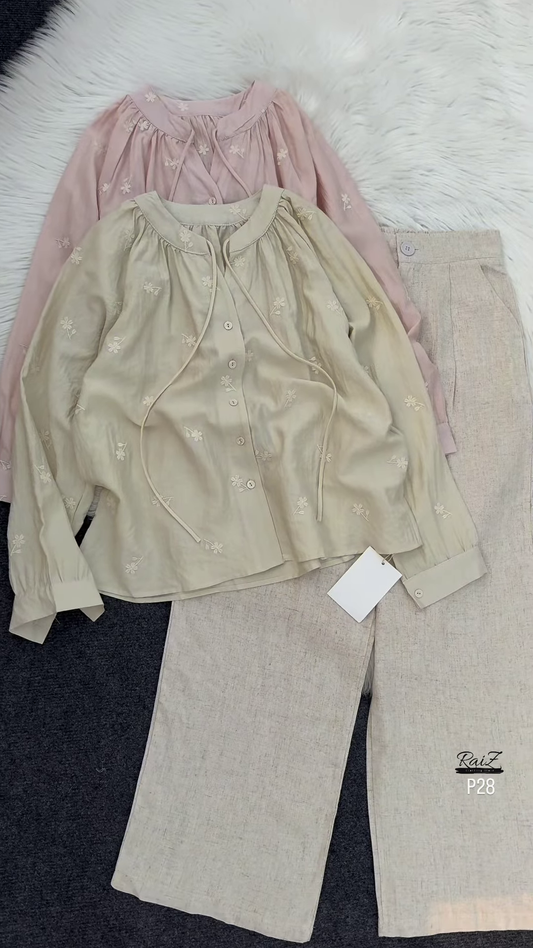 🕊 Elegant Beige Embroidered Drawstring Blouse & Wide-Leg Pants Set 🌿