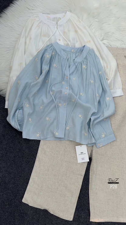 🕊 Elegant Beige Embroidered Drawstring Blouse & Wide-Leg Pants Set 🌿