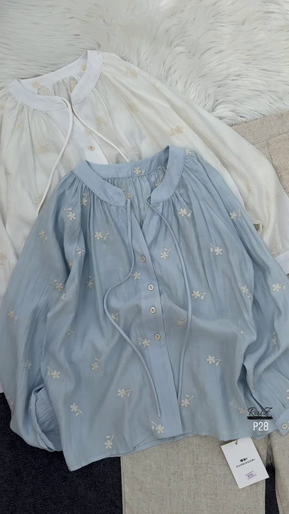 🕊 Elegant Beige Embroidered Drawstring Blouse & Wide-Leg Pants Set 🌿