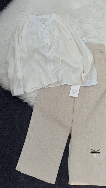 🕊 Elegant Beige Embroidered Drawstring Blouse & Wide-Leg Pants Set 🌿