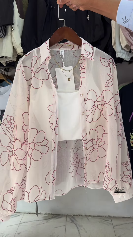 🌸 Breezy White Sheer Floral Oversized Shirt & White Crop Top Set 🤍