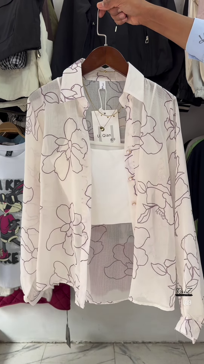 🌸 Breezy White Sheer Floral Oversized Shirt & White Crop Top Set 🤍