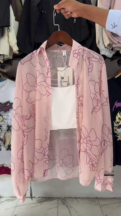 🌸 Breezy White Sheer Floral Oversized Shirt & White Crop Top Set 🤍