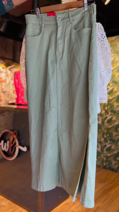 🕊 Elegant White Crochet Lace Top & Soft Green Midi Skirt Ensemble 🌿