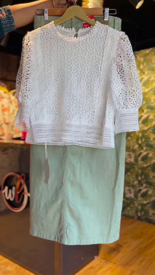 🕊 Elegant White Crochet Lace Top & Soft Green Midi Skirt Ensemble 🌿