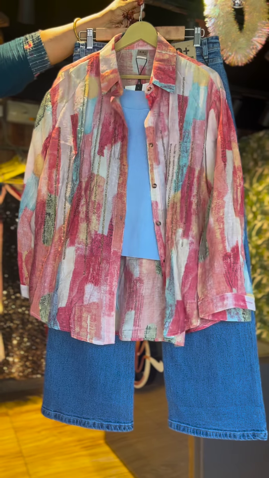 🎨 Artistic Abstract Print Oversized Shirt, Light Blue Top & Wide-Leg Jeans Ensemble 👖