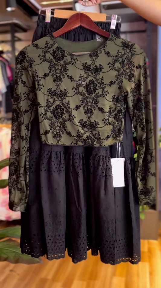 🖤 Elegant Olive Green & Black Patterned Top with Black Eyelet Midi Skirt Ensemble 🌿