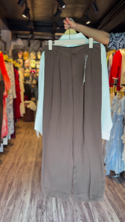 🕊 Classic White Long-Sleeved Button-Down Shirt & Flowing Brown Wide-Leg Pants Set 🍂