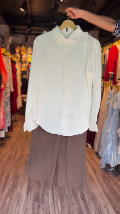 🕊 Classic White Long-Sleeved Button-Down Shirt & Flowing Brown Wide-Leg Pants Set 🍂
