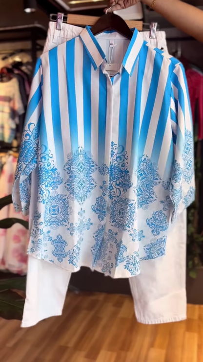 💙 Chic Blue & White Striped and Patterned Oversized Shirt with White Pants Set 🤍