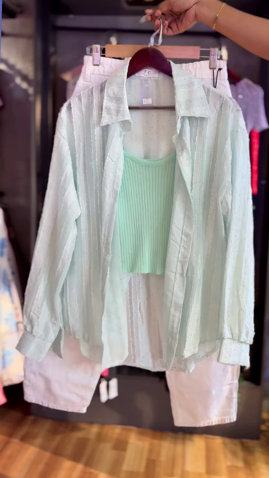 💙 Breezy Light Blue Sheer Striped Oversized Shirt, Mint Green Top & White Shorts Set 💚