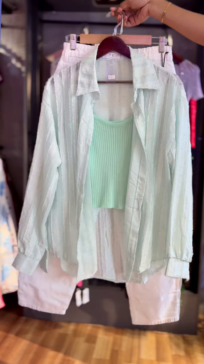 💙 Breezy Light Blue Sheer Striped Oversized Shirt, Mint Green Top & White Shorts Set 💚
