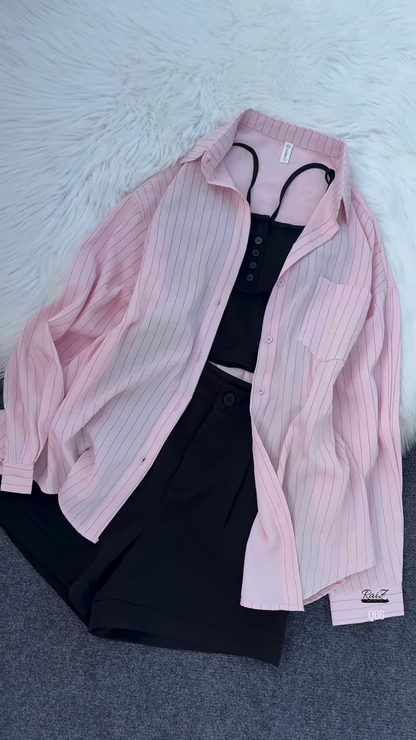 💖 Edgy Chic Sheer Pink Pinstriped Oversized Shirt, Black Crop Top & Shorts Set 🖤