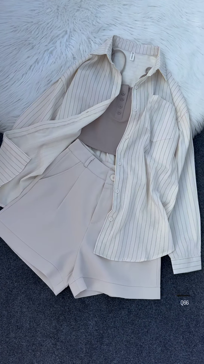 💖 Edgy Chic Sheer Pink Pinstriped Oversized Shirt, Black Crop Top & Shorts Set 🖤