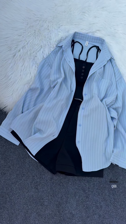 💖 Edgy Chic Sheer Pink Pinstriped Oversized Shirt, Black Crop Top & Shorts Set 🖤