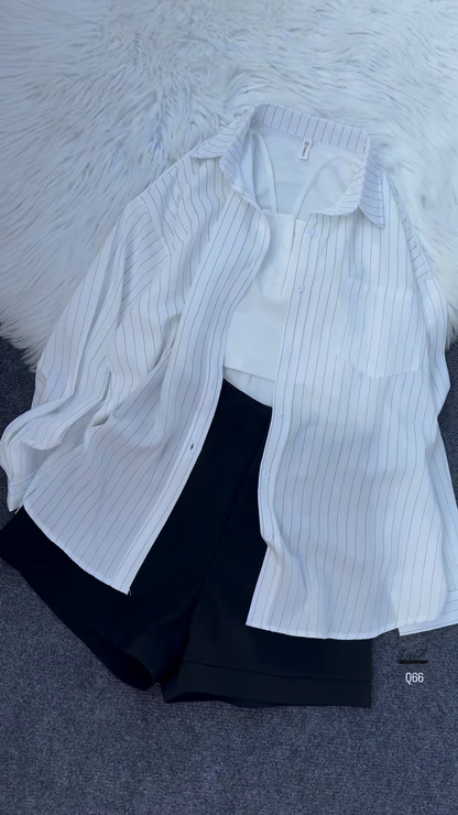 💖 Edgy Chic Sheer Pink Pinstriped Oversized Shirt, Black Crop Top & Shorts Set 🖤