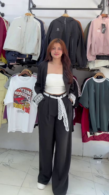 🌸 Dreamy Light Pink Cardigan, White Crop Top & Wide-Leg Pants Set with Lace Detail 🤍