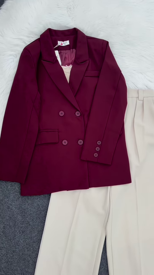 🍷 Sophisticated Burgundy Double-Breasted Blazer & Beige Pleated Pants Set 👔