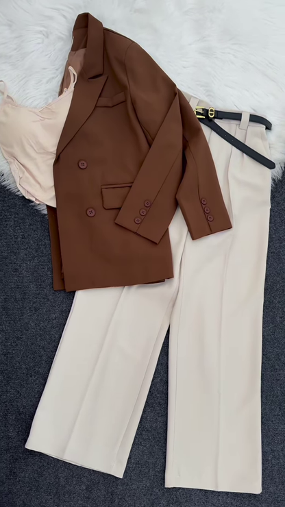 🍷 Sophisticated Burgundy Double-Breasted Blazer & Beige Pleated Pants Set 👔