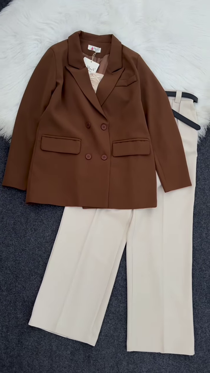 🍷 Sophisticated Burgundy Double-Breasted Blazer & Beige Pleated Pants Set 👔