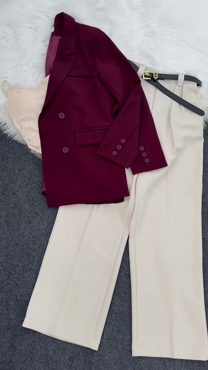 🍷 Sophisticated Burgundy Double-Breasted Blazer & Beige Pleated Pants Set 👔