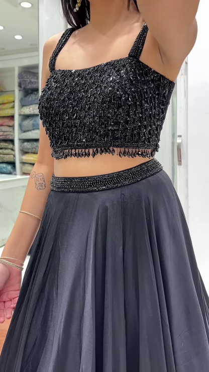 ✨ Dazzling Black Sequin Top & Flowing Skirt Ensemble 🖤